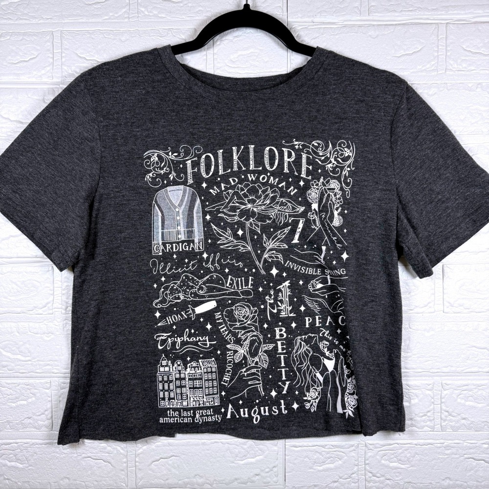 Taylor Swift Folklore Graphic Tee Women Size M Charcoal Grey Cropped Shirt
